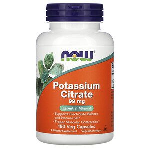 NOW Foods Potassium Citrate 99 mg – cytrynian potasu, 180 kapsułek roślinnych