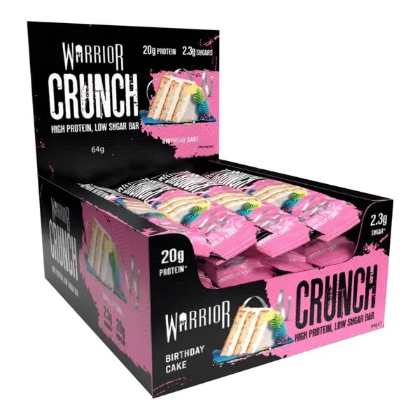 WARRIOR CRUNCH Birthday Cake Baton białkowy 20g białka 2,2g cukru 64g BOX 12X64G