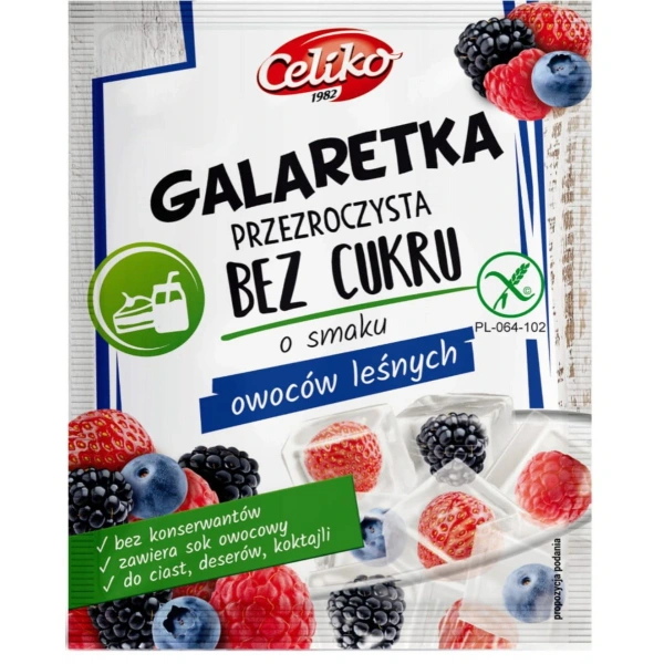 CELIKO Galaretka bez cukru o smaku owoców leśnycH, bezbarwna – bezglutenowa, 14 g