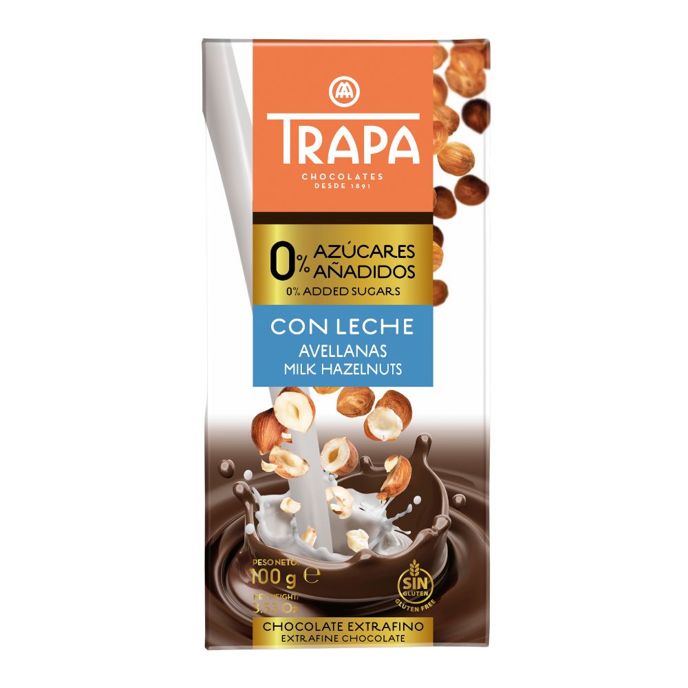 TRAPA Czekolada mleczna z orzechami laskowymi – bez dodatku cukru i bez glutenu, 100 g