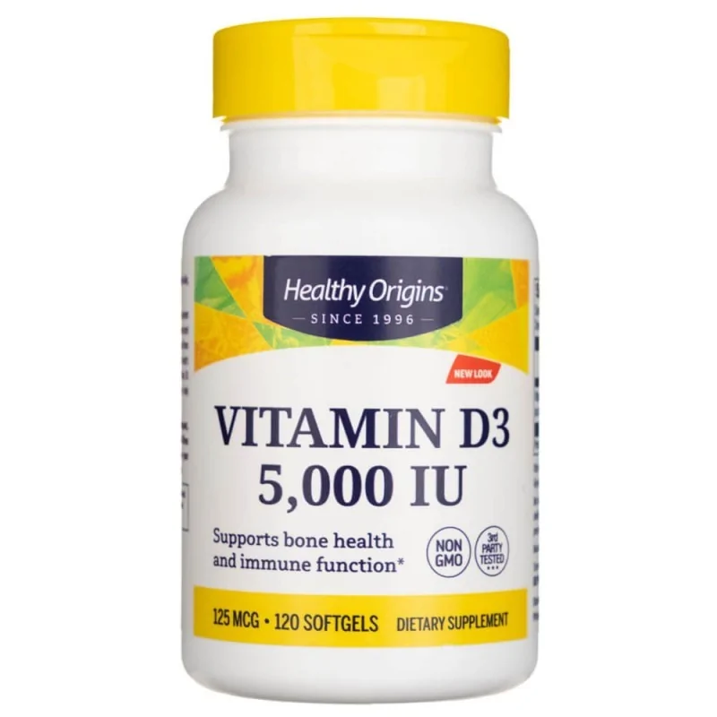 HEALTHY ORIGINS Witamina D3 5000 IU, odporność, kości, hormony 120 kapsułek żelowych