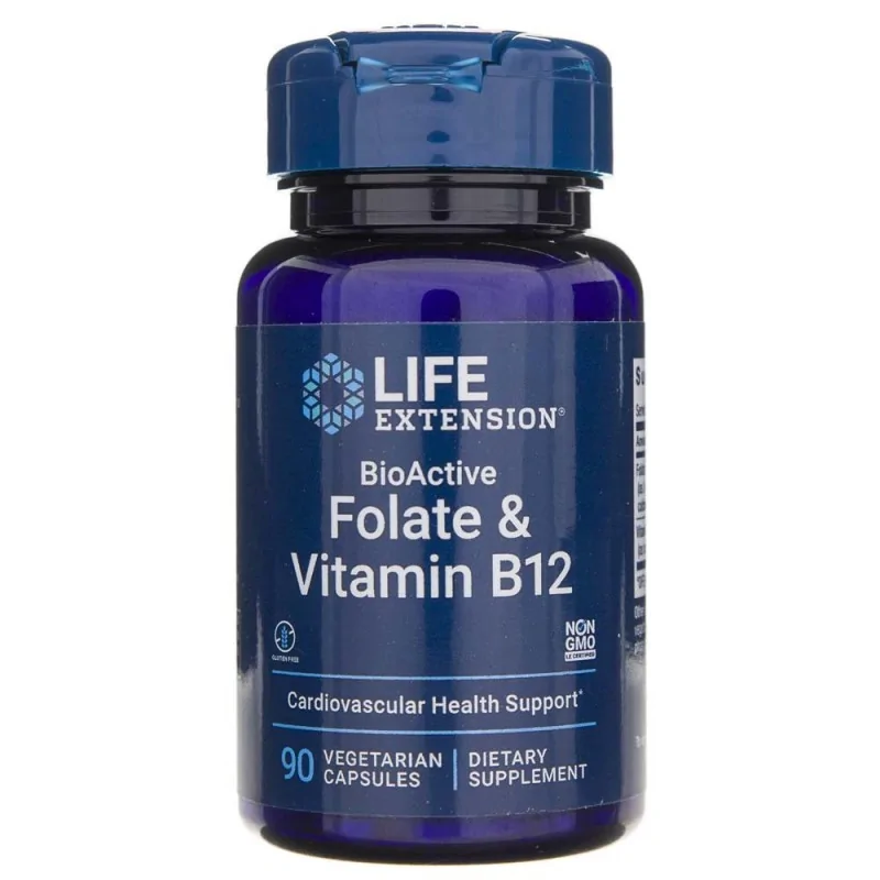 LIFE EXTENSION BioActive Folate & Vitamin B12 – aktywny folian 5-MTHF i metylokobalamina, 90 kapsułek