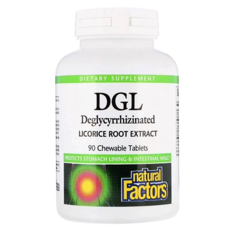 NATURAL FACTORS, DGL Lukrecja, Deglycyrrhizinated Licorice Root Extract, 90 tabletek do żucia