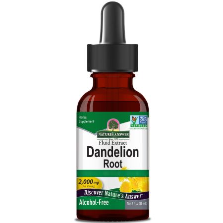 Nature's Answer, Dandelion root, płynny ekstrakt z korzenia mniszka lekarskiego, 2000 mg, niska zawartość alkoholu, 60 ml