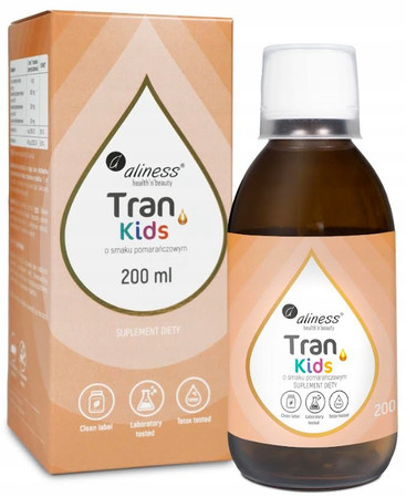 ALINESS Tran KIDS + witamina A 400 µg – smak pomarańczowy, 200 ml