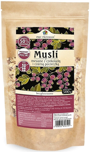 PIĘĆ PRZEMIAN Musli Owsiane z Czekoladą i Czarną Porzeczką 500g