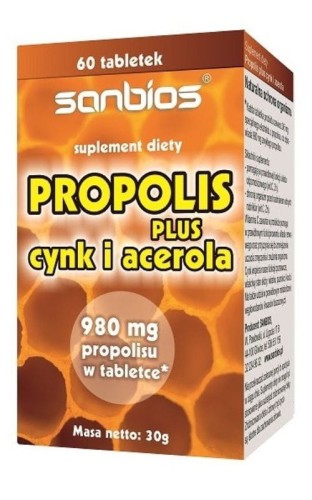 SANBIOS Propolis Plus – propolis, cynk i witamina C z aceroli, 60 tabletek